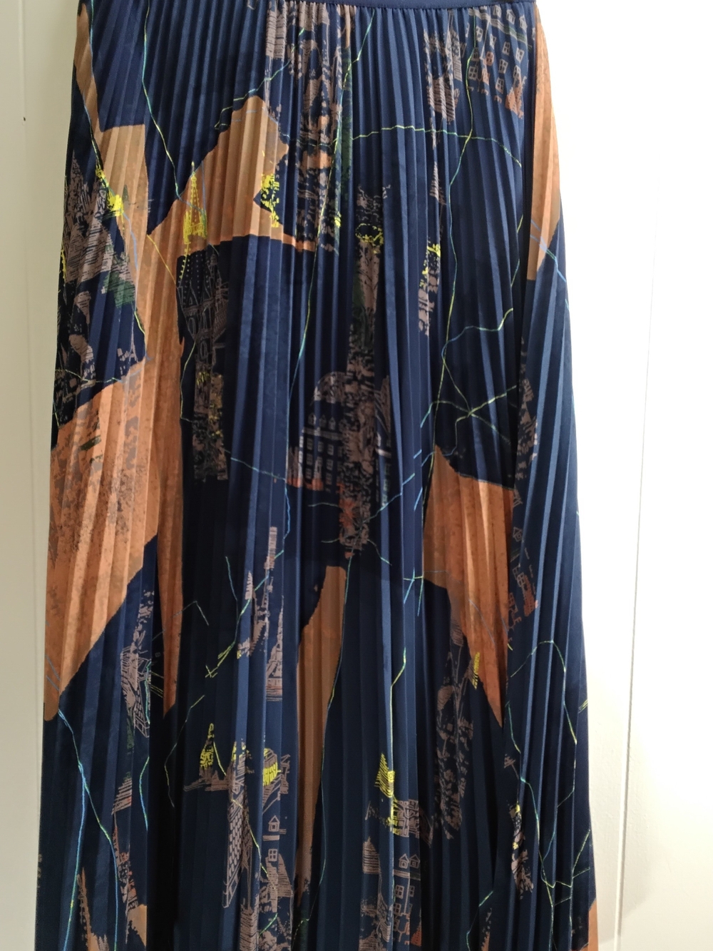 Babaton Navy Pleated Midi Skirt with Tan and Neon Accents - Picture 3 of 4
